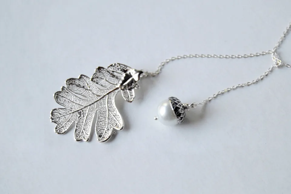 Silver Oak Leaf and Acorn Lariat | Electroformed Nature | Fall Leaf Lariat