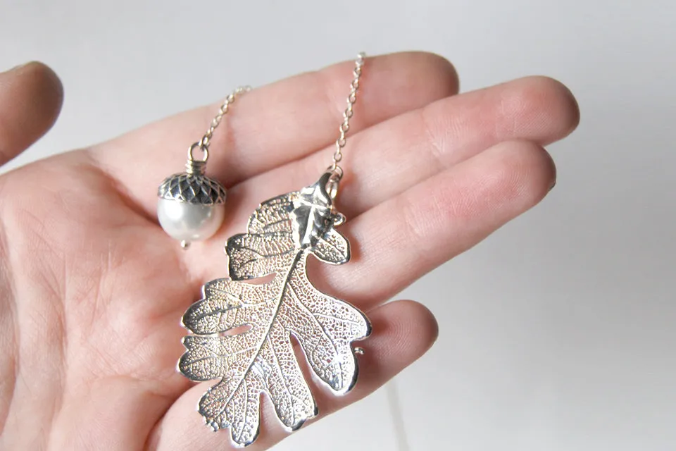 Silver Oak Leaf and Acorn Lariat | Electroformed Nature | Fall Leaf Lariat