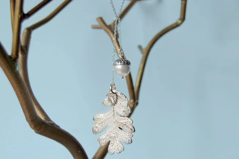 Silver Oak Leaf and Acorn Lariat | Electroformed Nature | Fall Leaf Lariat