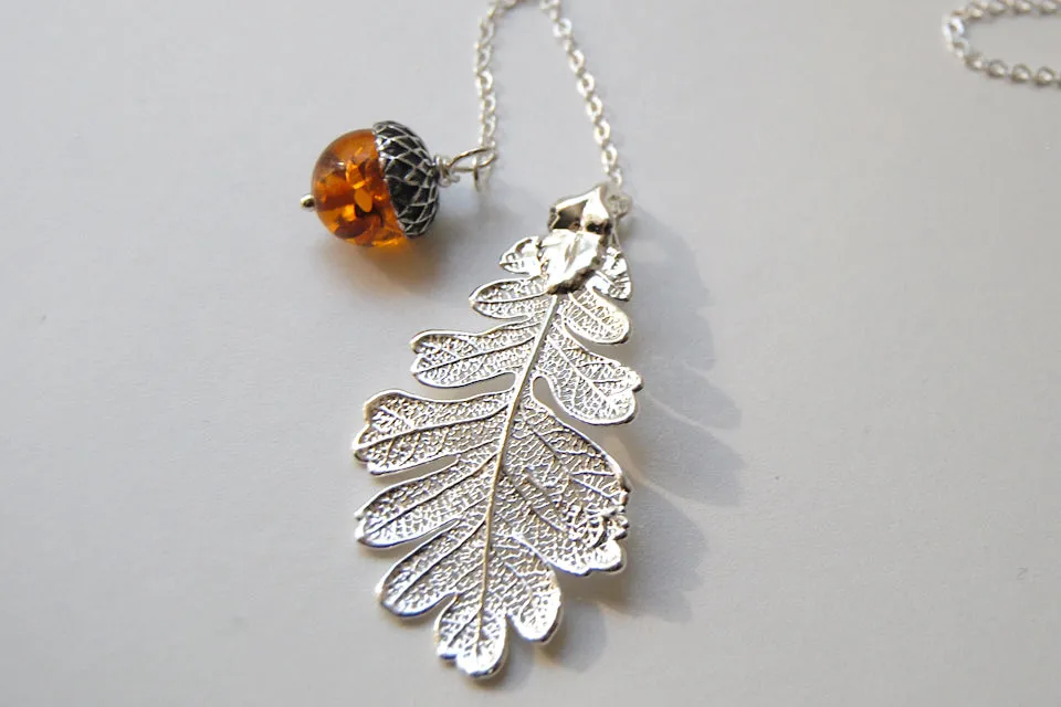 Silver Oak Leaf and Acorn Lariat | Electroformed Nature | Fall Leaf Lariat