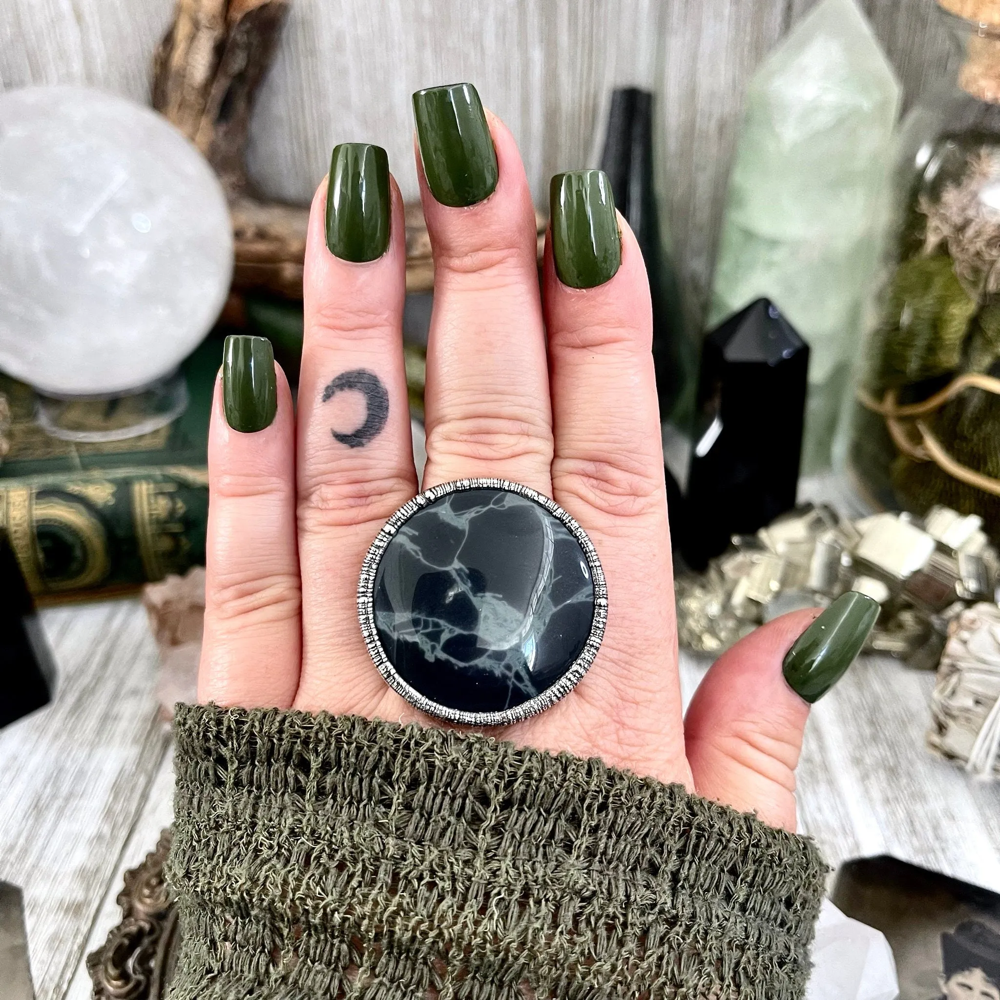 Size 9 Natural Spider Web Obsidian Statement Ring in Fine Silver - Black Stone Jewelry / Foxlark Collection - One of a Kind