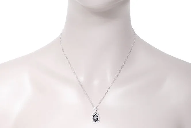 Small Art Deco Filigree Onyx and Diamond Pendant Necklace in Sterling Silver