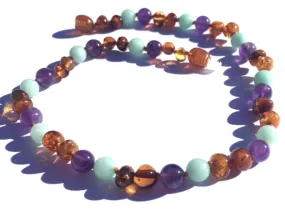 Small:Momma Goose - Baltic Amber Baby Necklace- Amazonite/Amethyst ||Bluebell-1060S