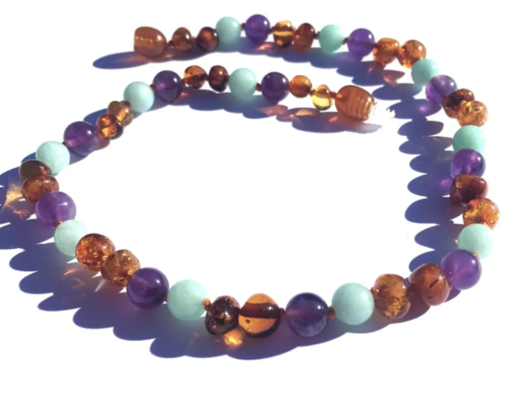 Small:Momma Goose - Baltic Amber Baby Necklace- Amazonite/Amethyst ||Bluebell-1060S