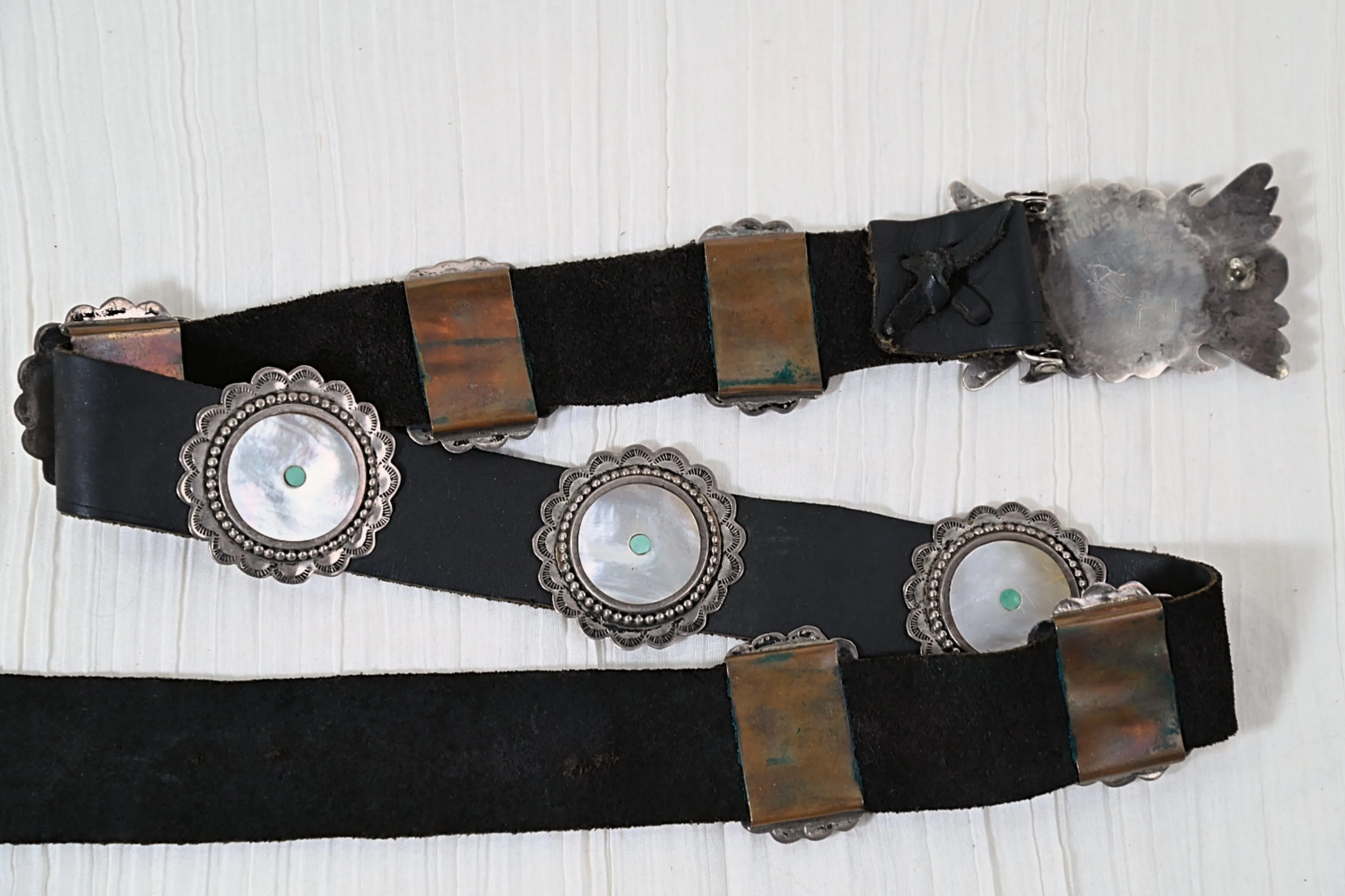 SOLD Vintage Daniel Benally Navajo, Sterling MOP/Inlay Turquoise Concho Belt, 34" L