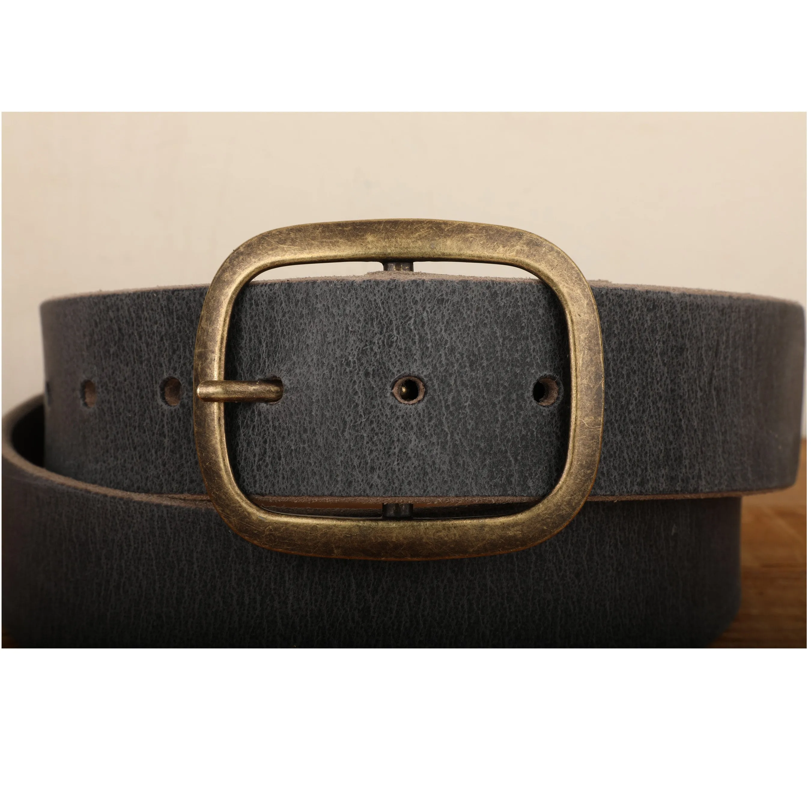 Steel Grey Leather Belt with Antique Brass Buckle - Handmade in USA - Gunmetal Water Buffalo Unisex Snap Belt