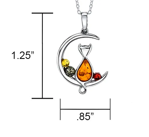 Sterling Silver 925 Amber Pendant Cat Sitting on Moon 18" Rolo Chain Necklace