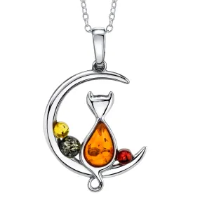 Sterling Silver 925 Amber Pendant Cat Sitting on Moon 18" Rolo Chain Necklace