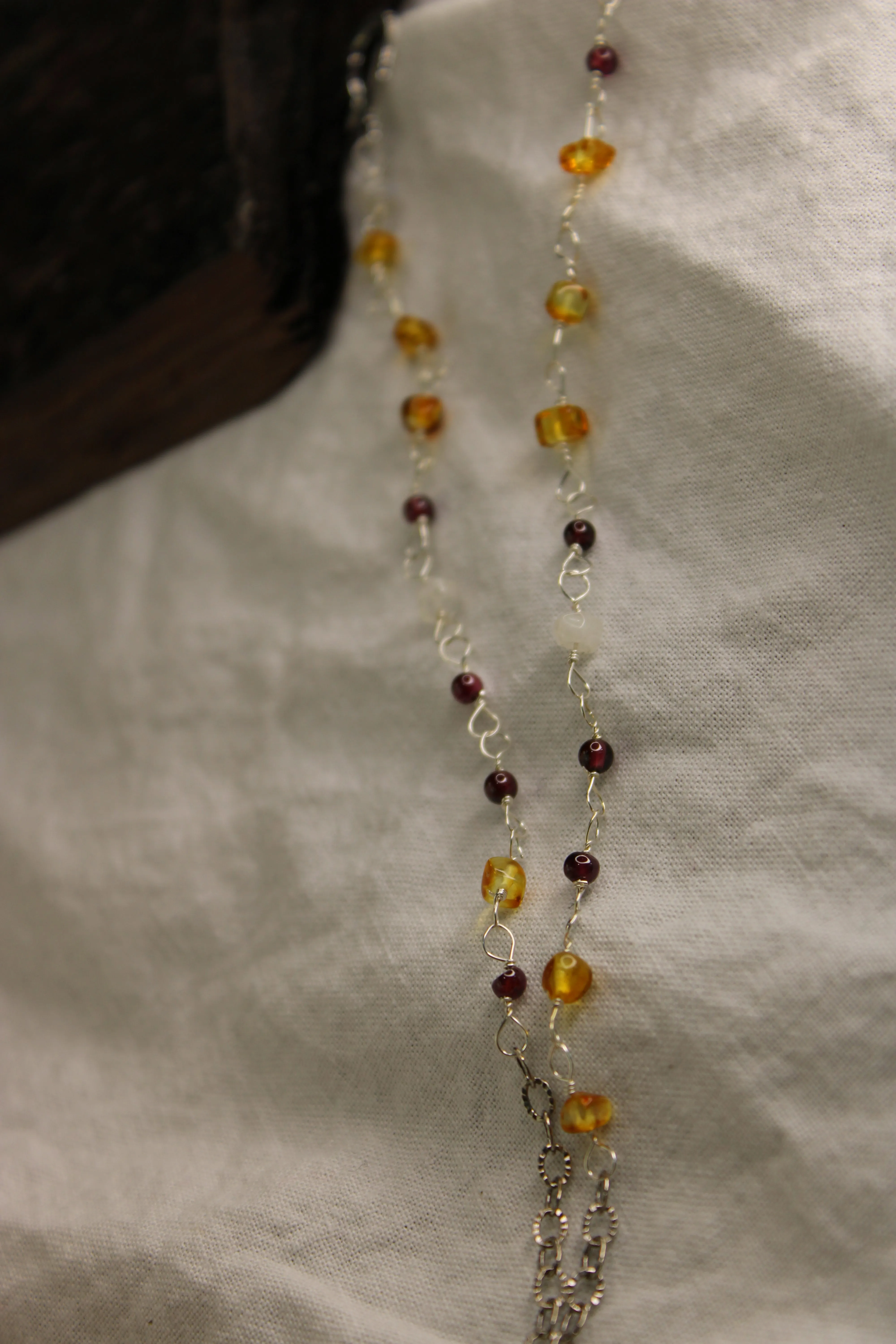 Sterling Silver Beaded Chain Necklace Moonstone and Amber Stones