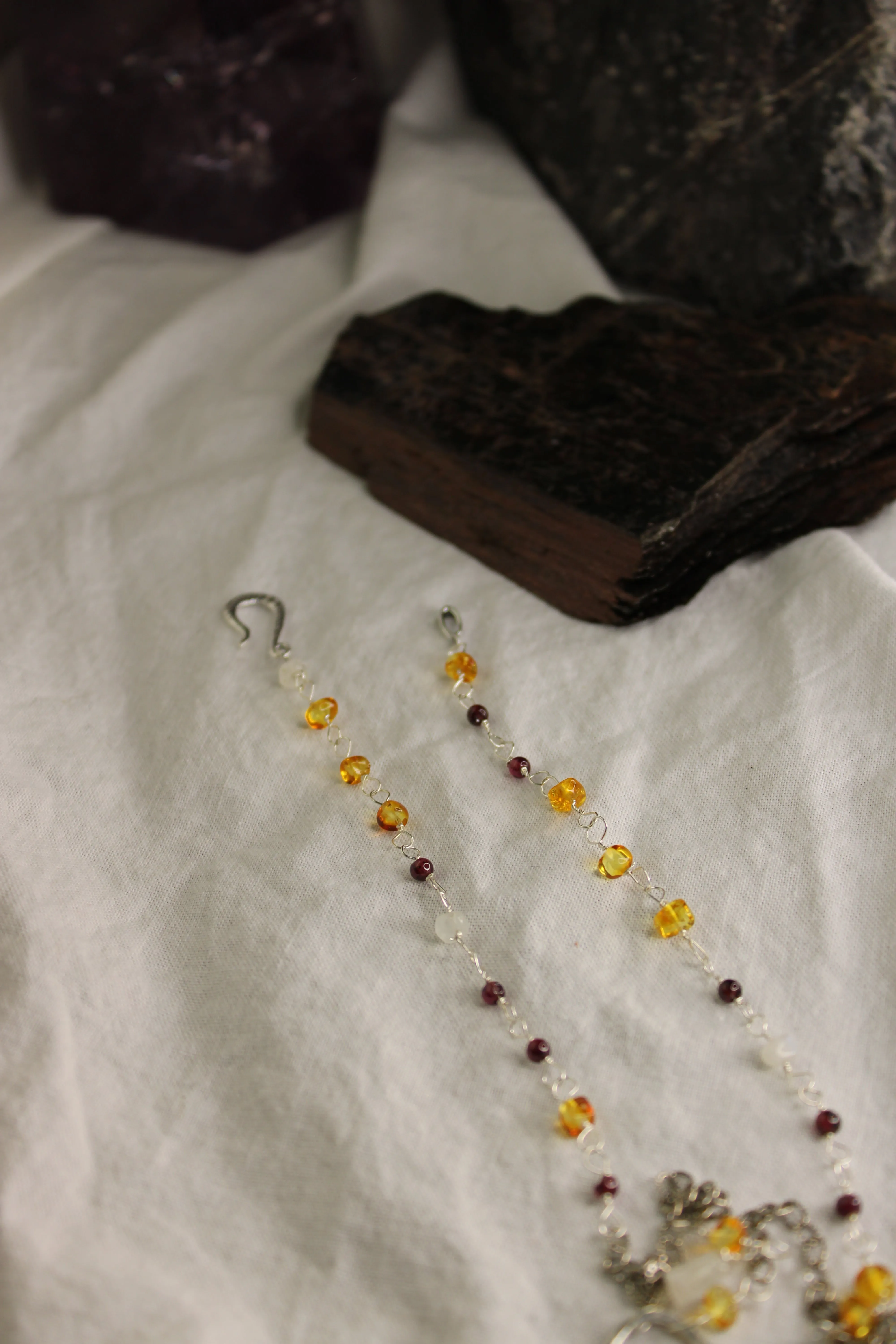 Sterling Silver Beaded Chain Necklace Moonstone and Amber Stones