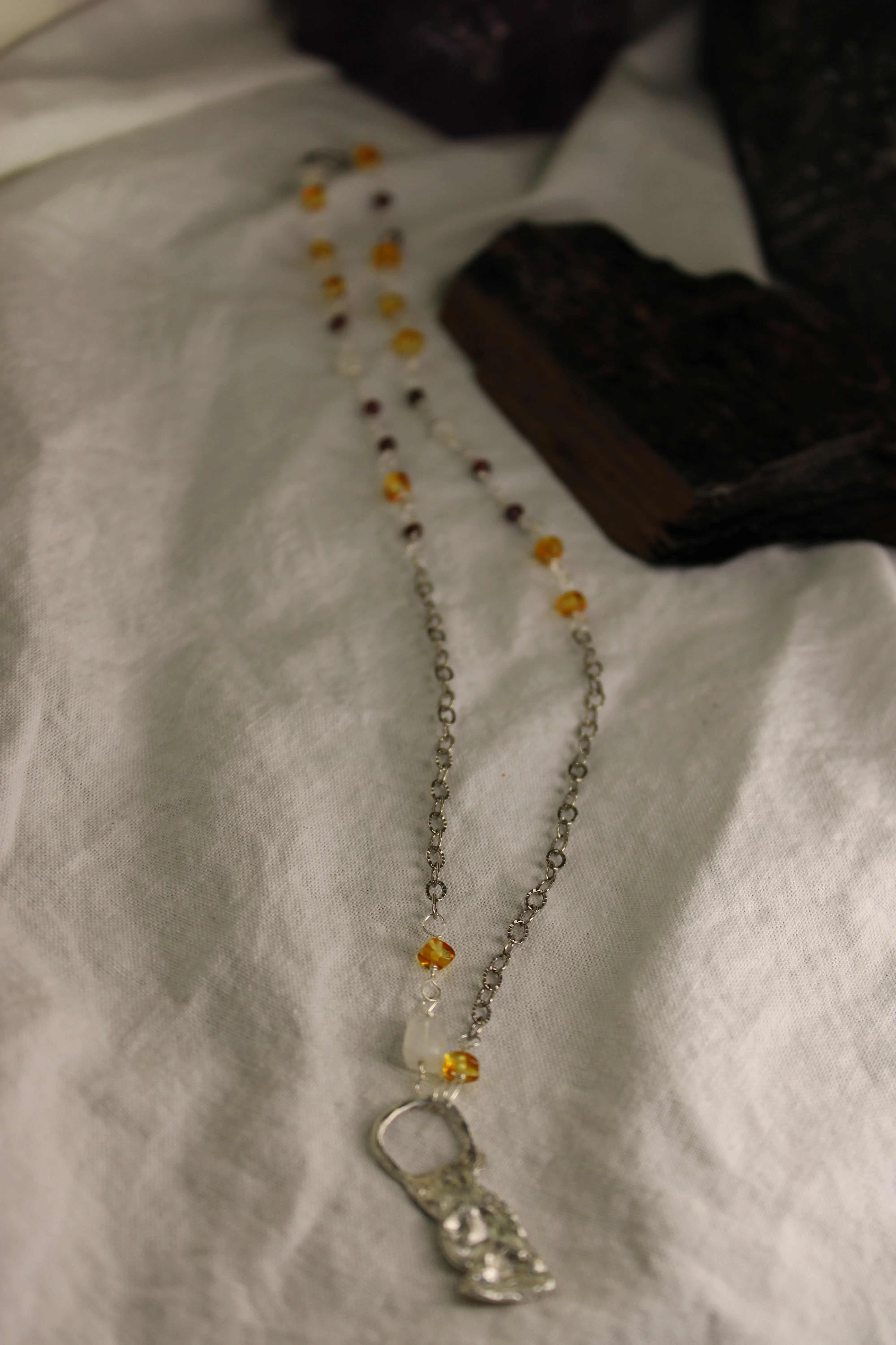 Sterling Silver Beaded Chain Necklace Moonstone and Amber Stones