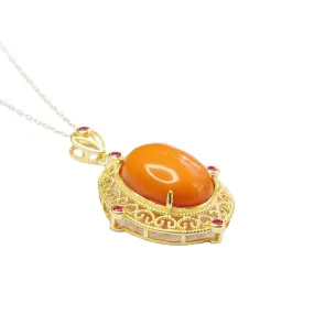 Sterling Silver Beeswax Amber Pendant Hollow Necklace