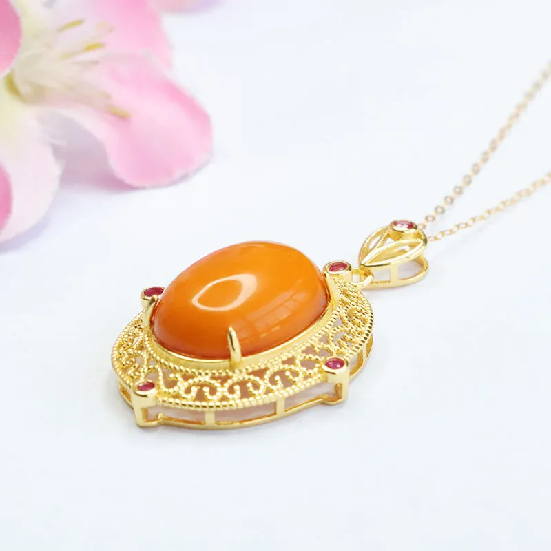 Sterling Silver Beeswax Amber Pendant Hollow Necklace