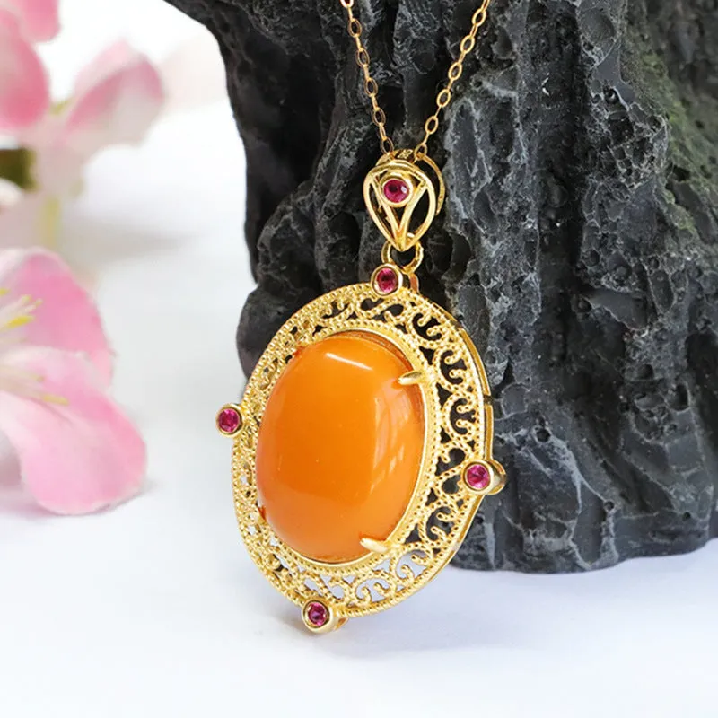 Sterling Silver Beeswax Amber Pendant Hollow Necklace