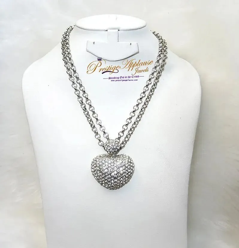 Sterling Silver Diamond Clustered Heart Shape Pendant With  Multi-Chain Necklace/bridal Necklace