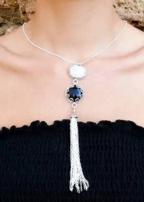 Sterling Silver long statement necklace sterling silver tassel chains hanging from a lab created howlite and onyx stones