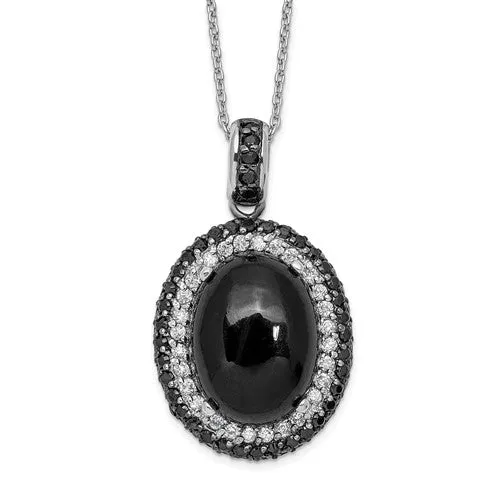 Sterling Silver Oval Onyx with Black and White CZ Necklace