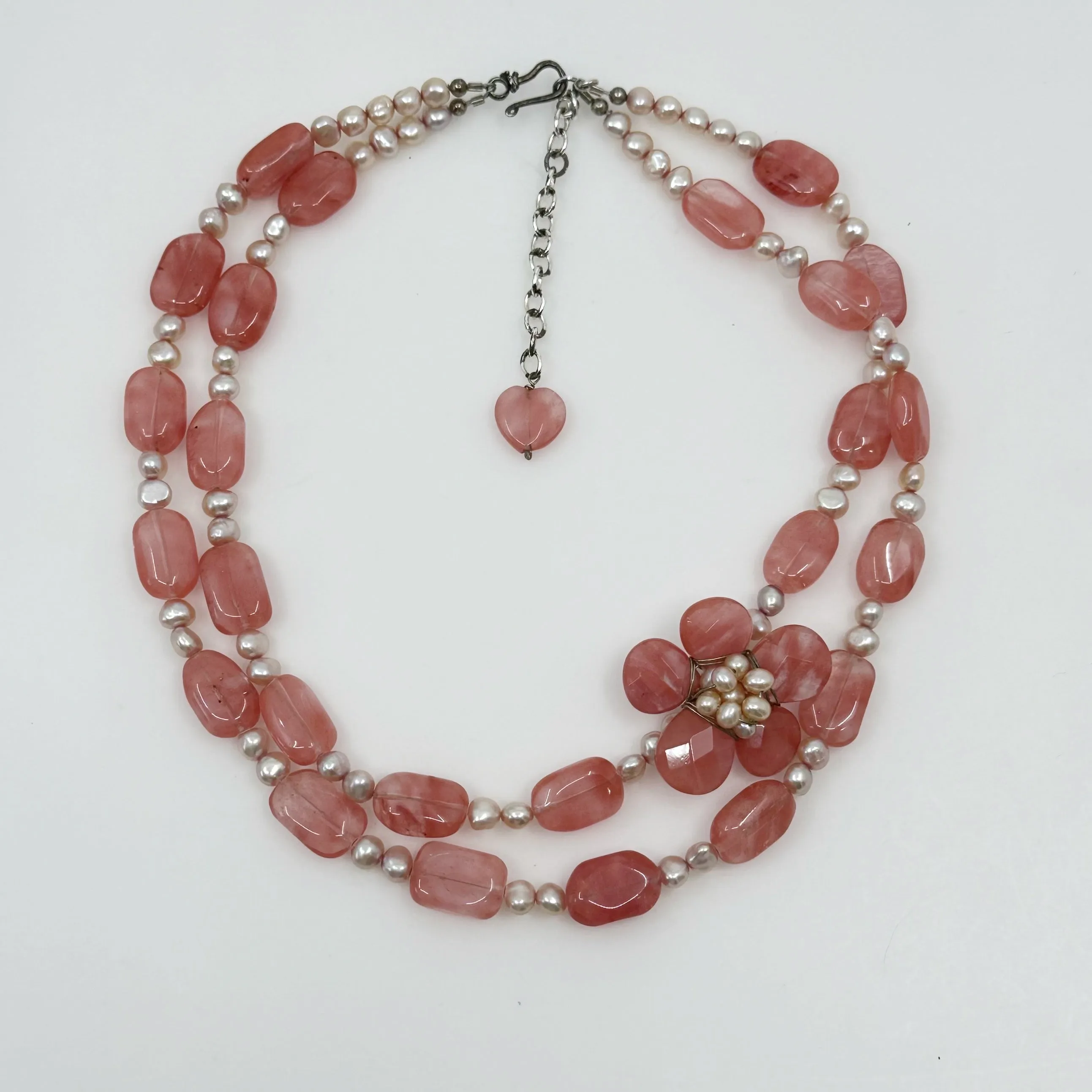 Sterling silver Pearl & cherry quartz bead necklace