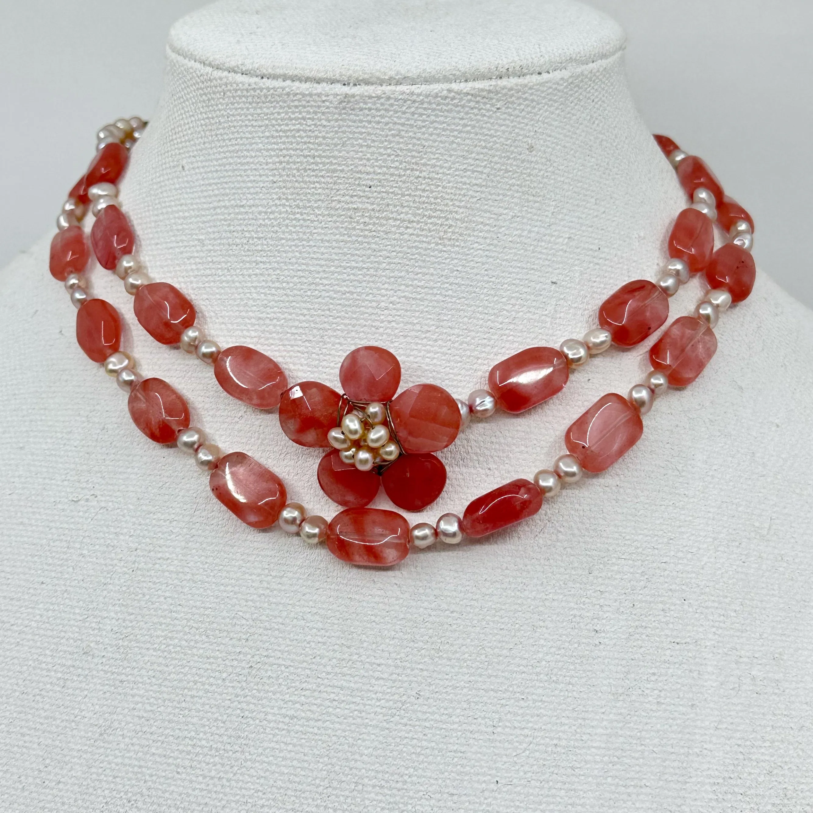 Sterling silver Pearl & cherry quartz bead necklace