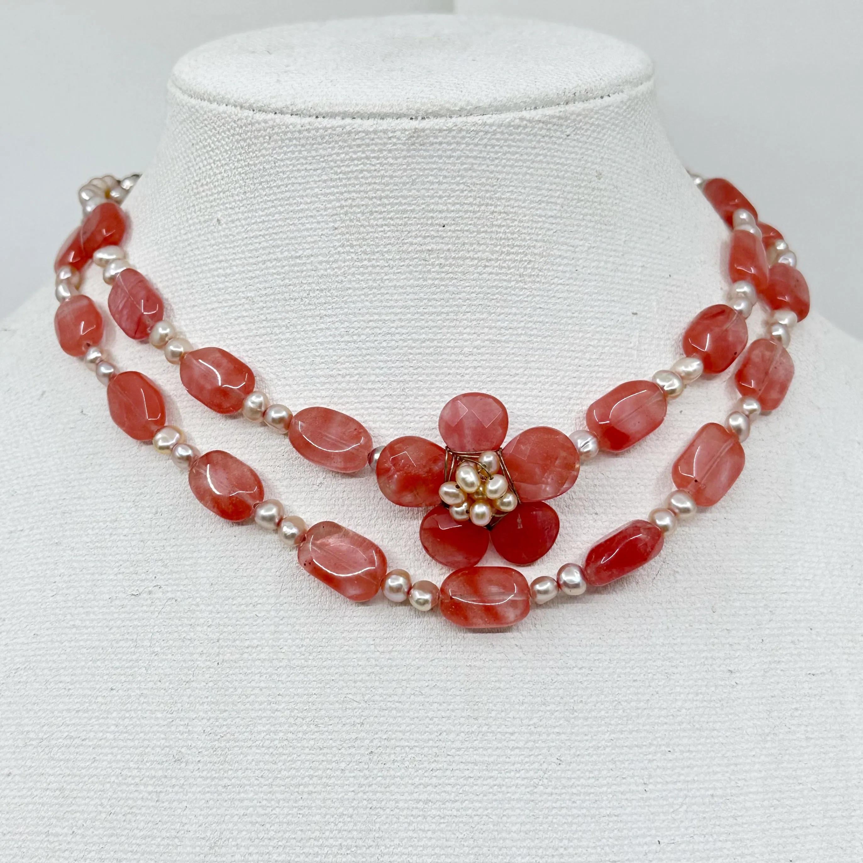 Sterling silver Pearl & cherry quartz bead necklace