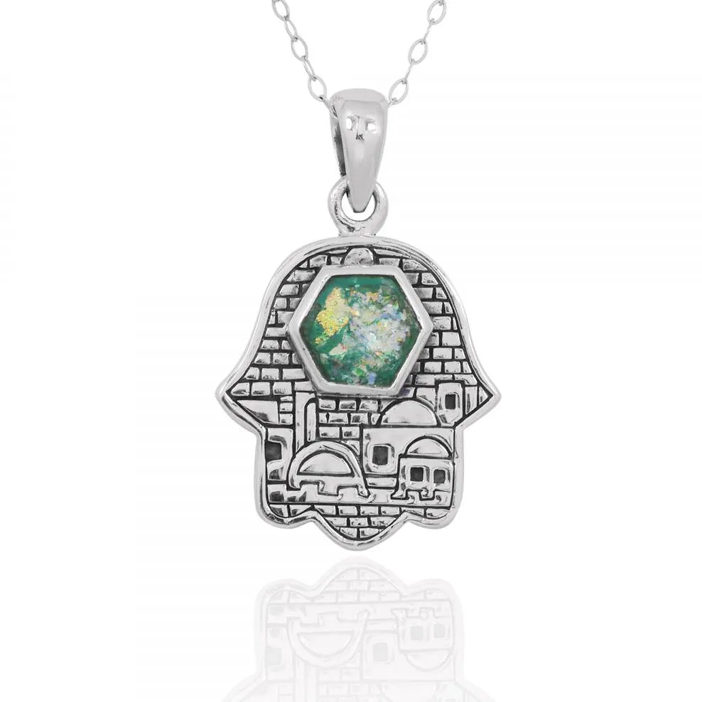 Sterling Silver Roman Glass Hamsa Pendant