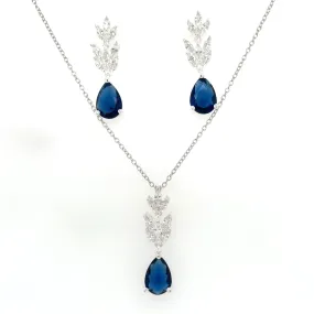 Sterling Silver Sapphire And Cz Earring And Necklace Set