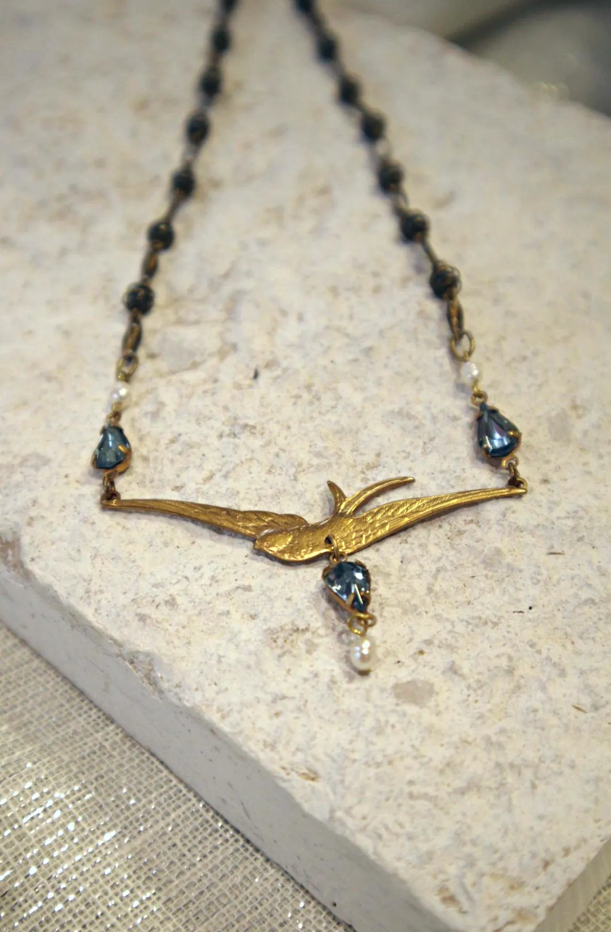 Swallow Vintage Necklet. Indian Sapphire Swarovski crystals.