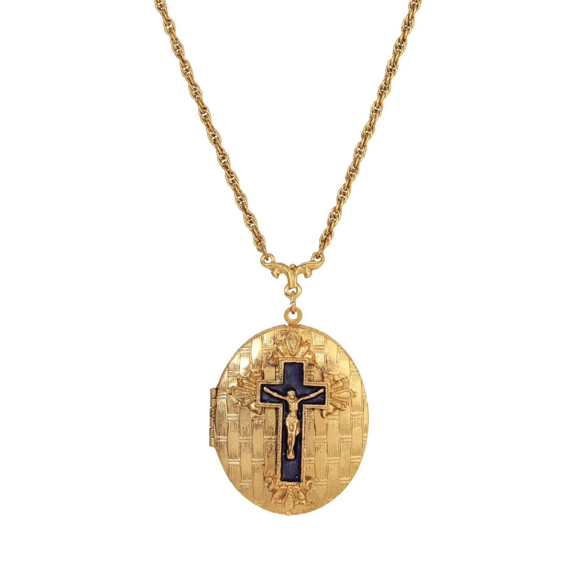 Symbols Of Faith Blue Enamel Cross Textured Oval Locket Necklace 28"L