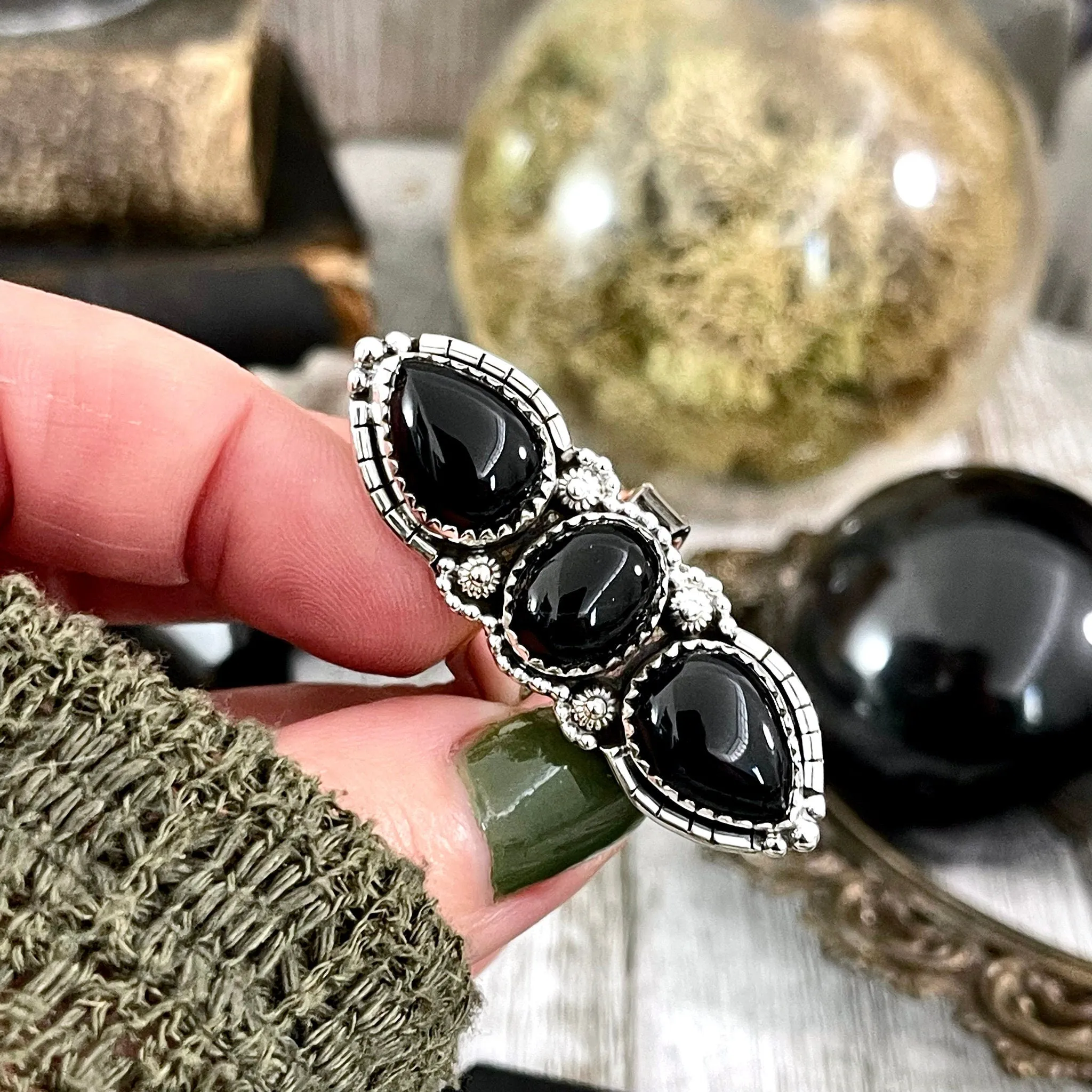 Three Stone Black Onyx Ring in Sterling Silver- Designed by FOXLARK Collection Adjustable to Size 6 7 8 9 / Big Crystal Ring Witchy Jewelry