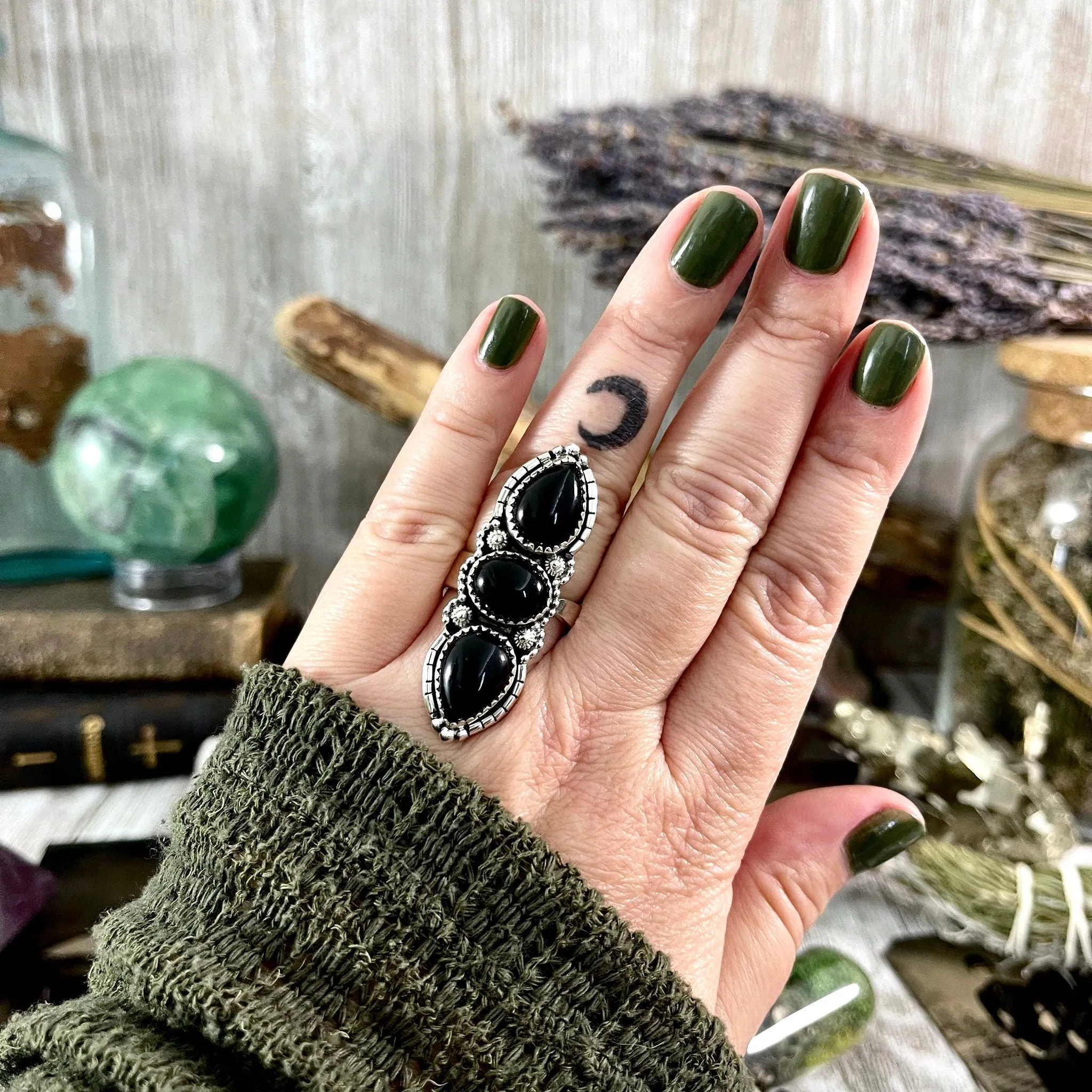 Three Stone Black Onyx Ring in Sterling Silver- Designed by FOXLARK Collection Adjustable to Size 6 7 8 9 / Big Crystal Ring Witchy Jewelry