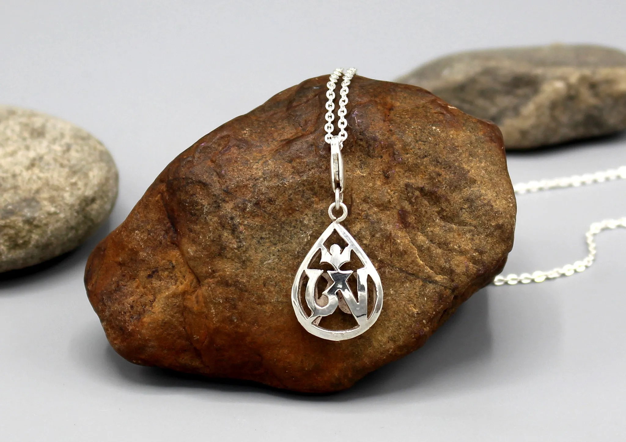 Tibetan Om Tear Drop Sterling Silver Charm Pendant