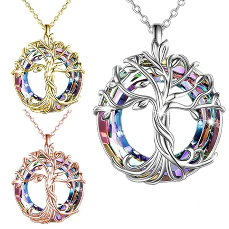 Tree of Life Round Rainbow Crystal Pendant