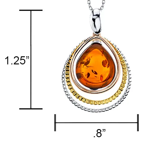 Tri-color Sterling Silver 925 Pear Baltic Amber Pendant Necklace 18" Rolo Chain