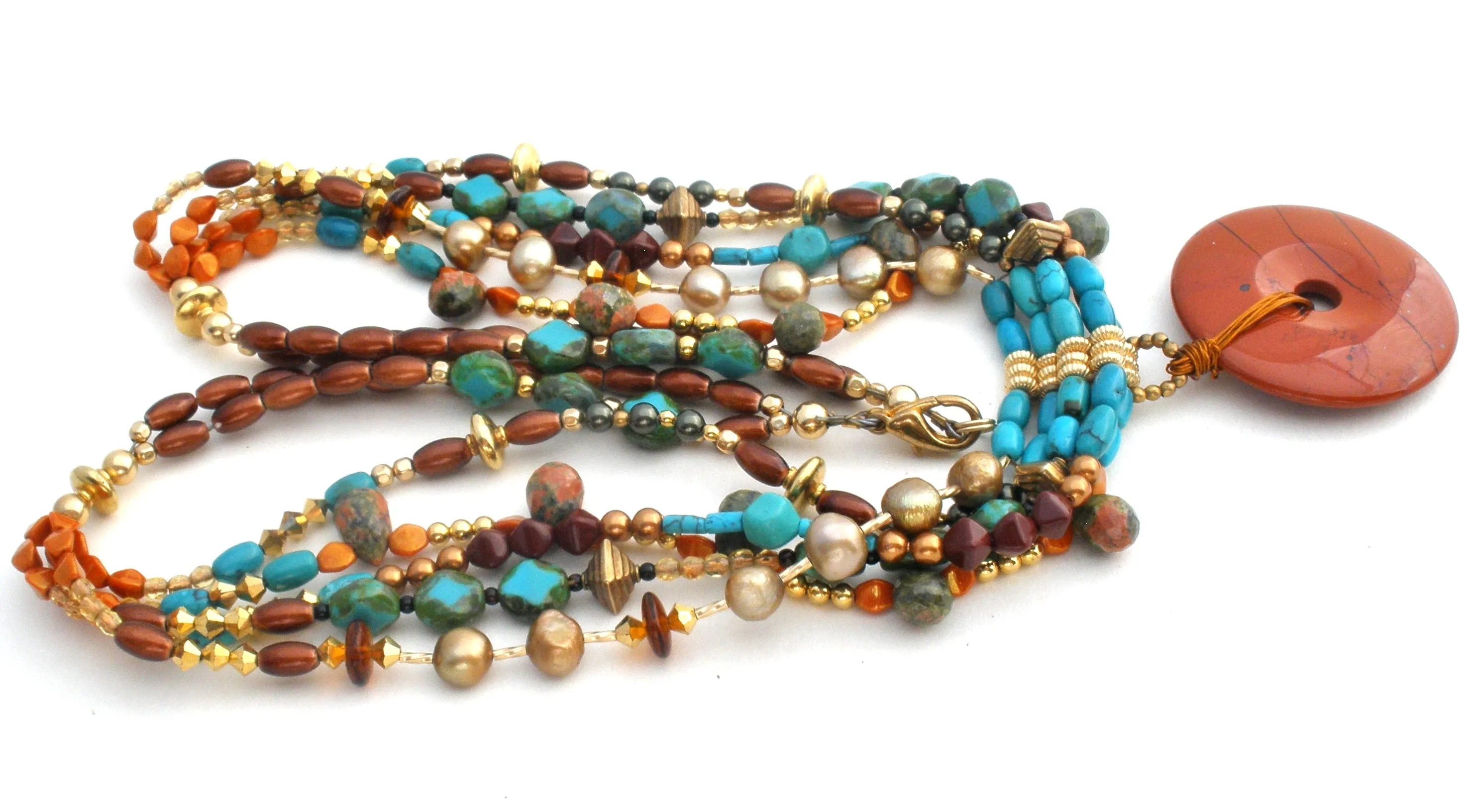 Turquoise Jasper Amber & Pearl Bead Donut Pendant Necklace