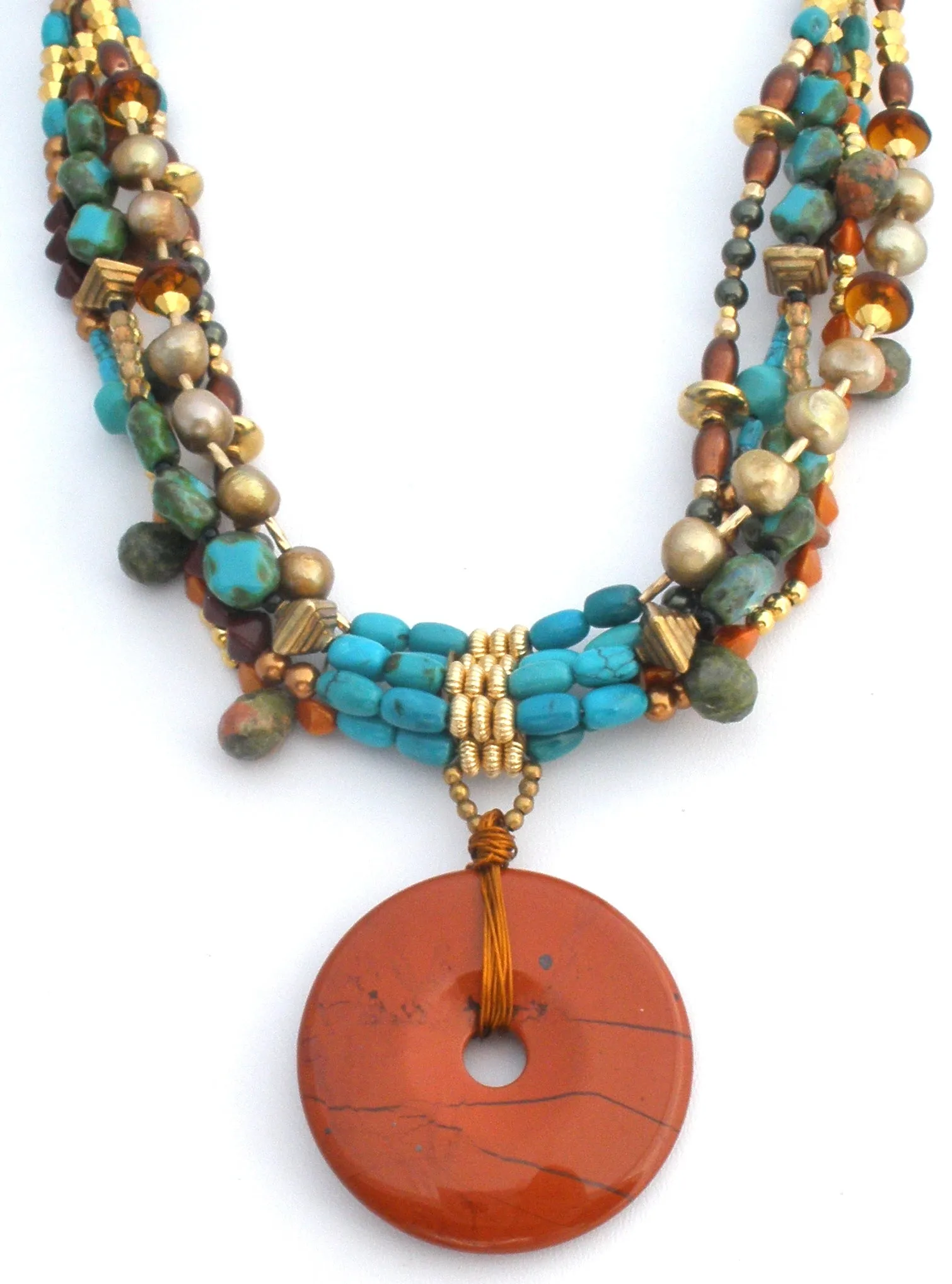 Turquoise Jasper Amber & Pearl Bead Donut Pendant Necklace