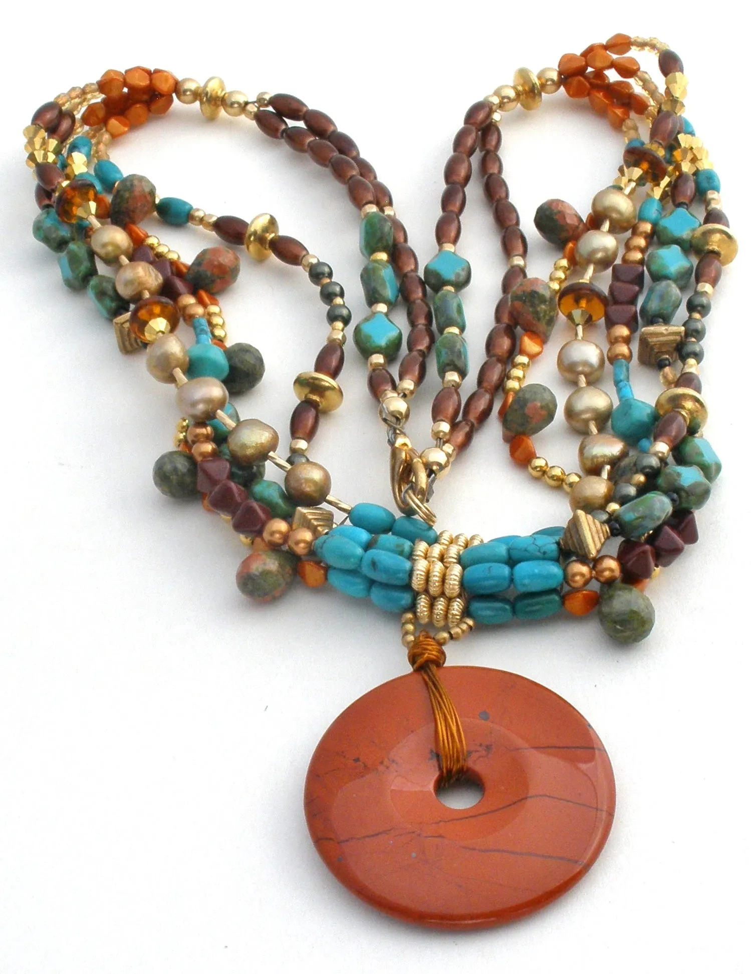 Turquoise Jasper Amber & Pearl Bead Donut Pendant Necklace