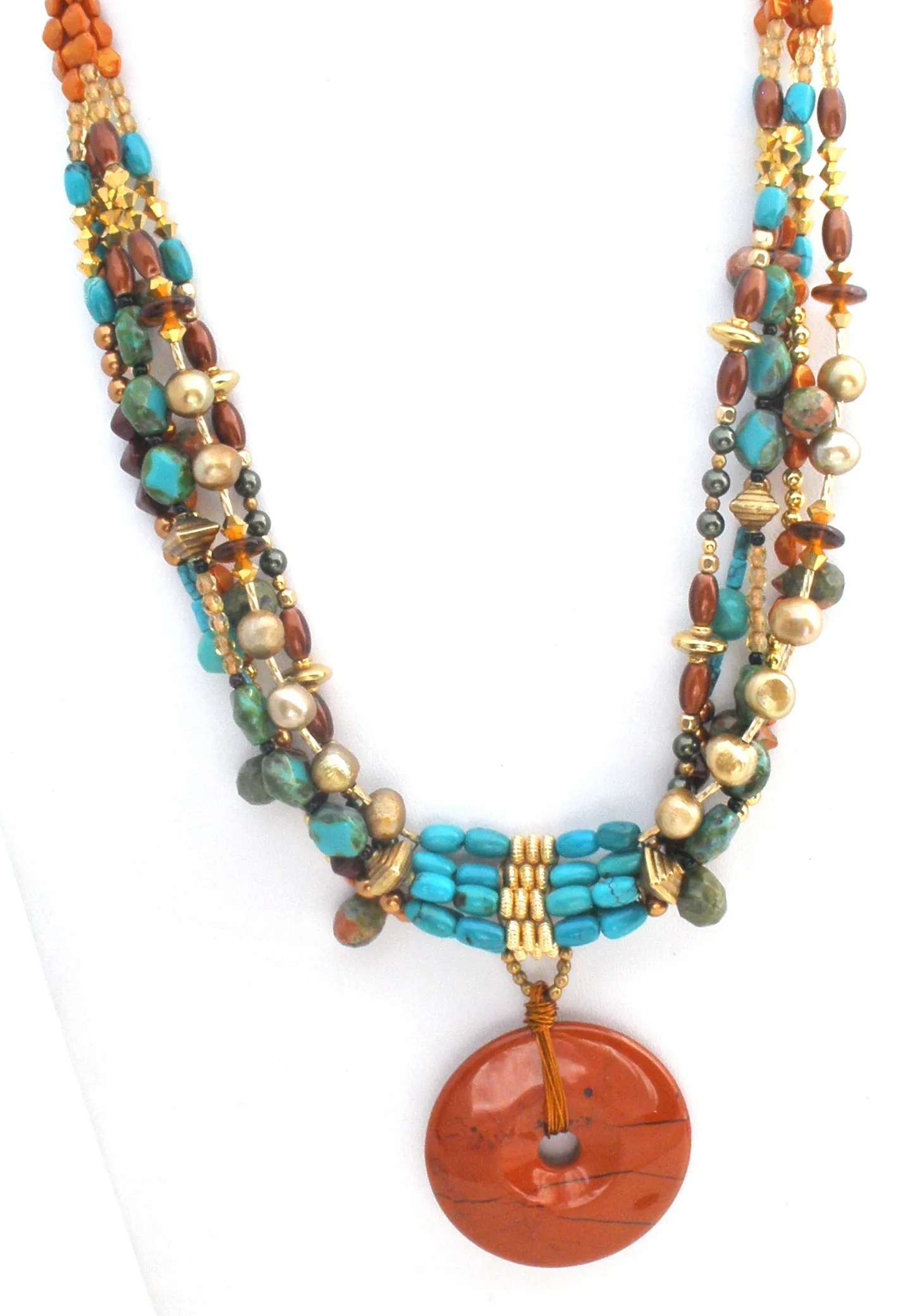 Turquoise Jasper Amber & Pearl Bead Donut Pendant Necklace