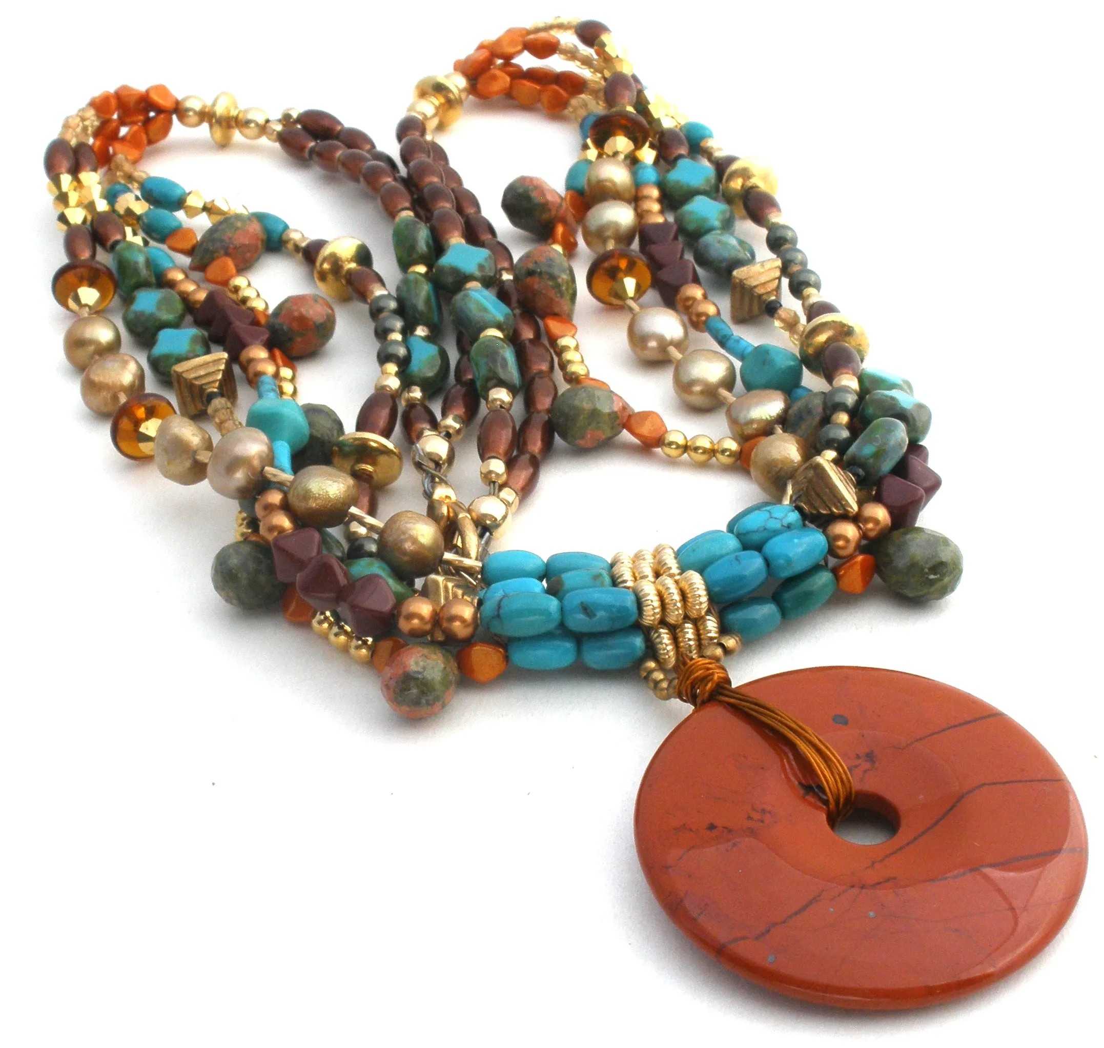 Turquoise Jasper Amber & Pearl Bead Donut Pendant Necklace