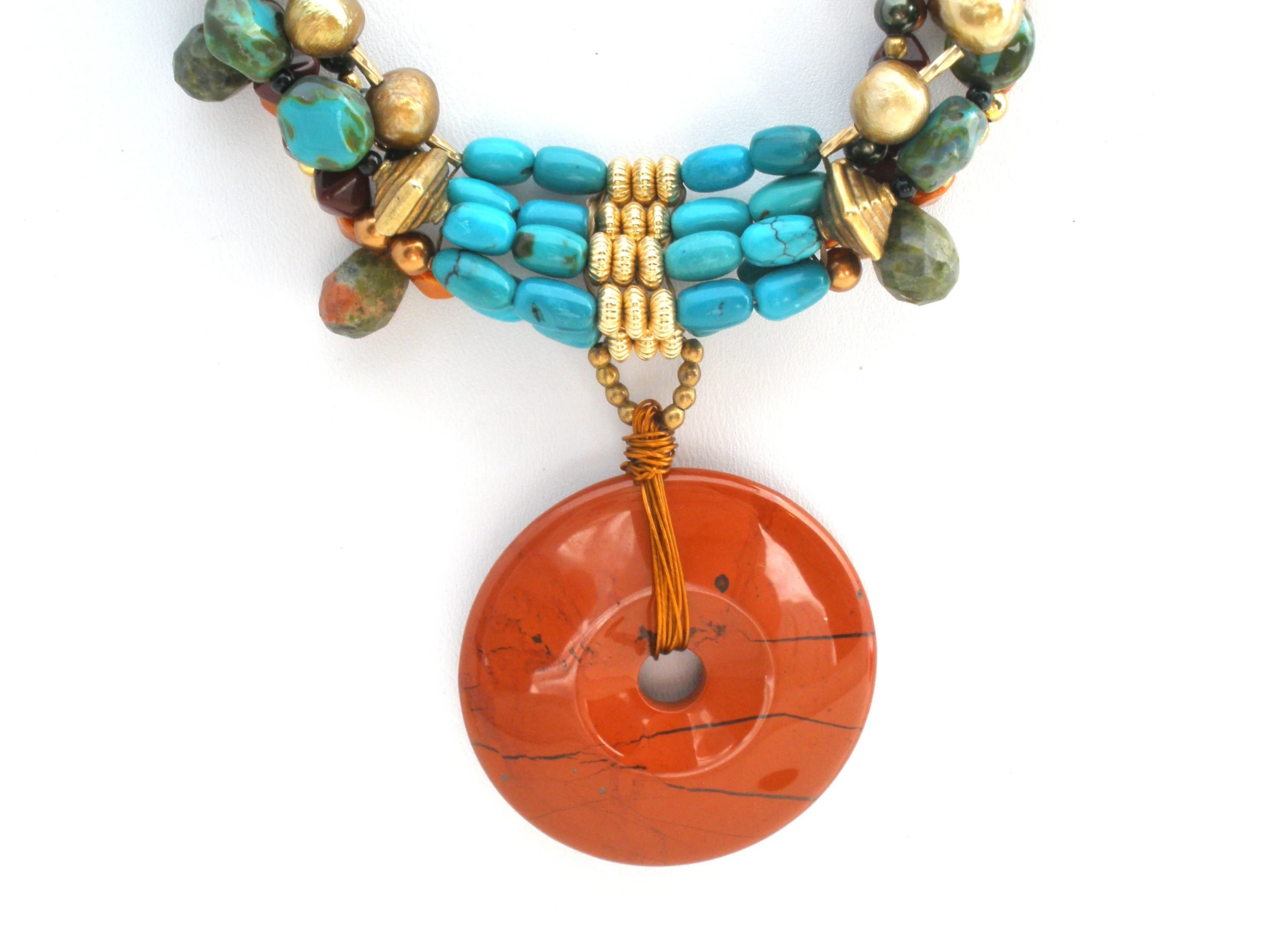 Turquoise Jasper Amber & Pearl Bead Donut Pendant Necklace