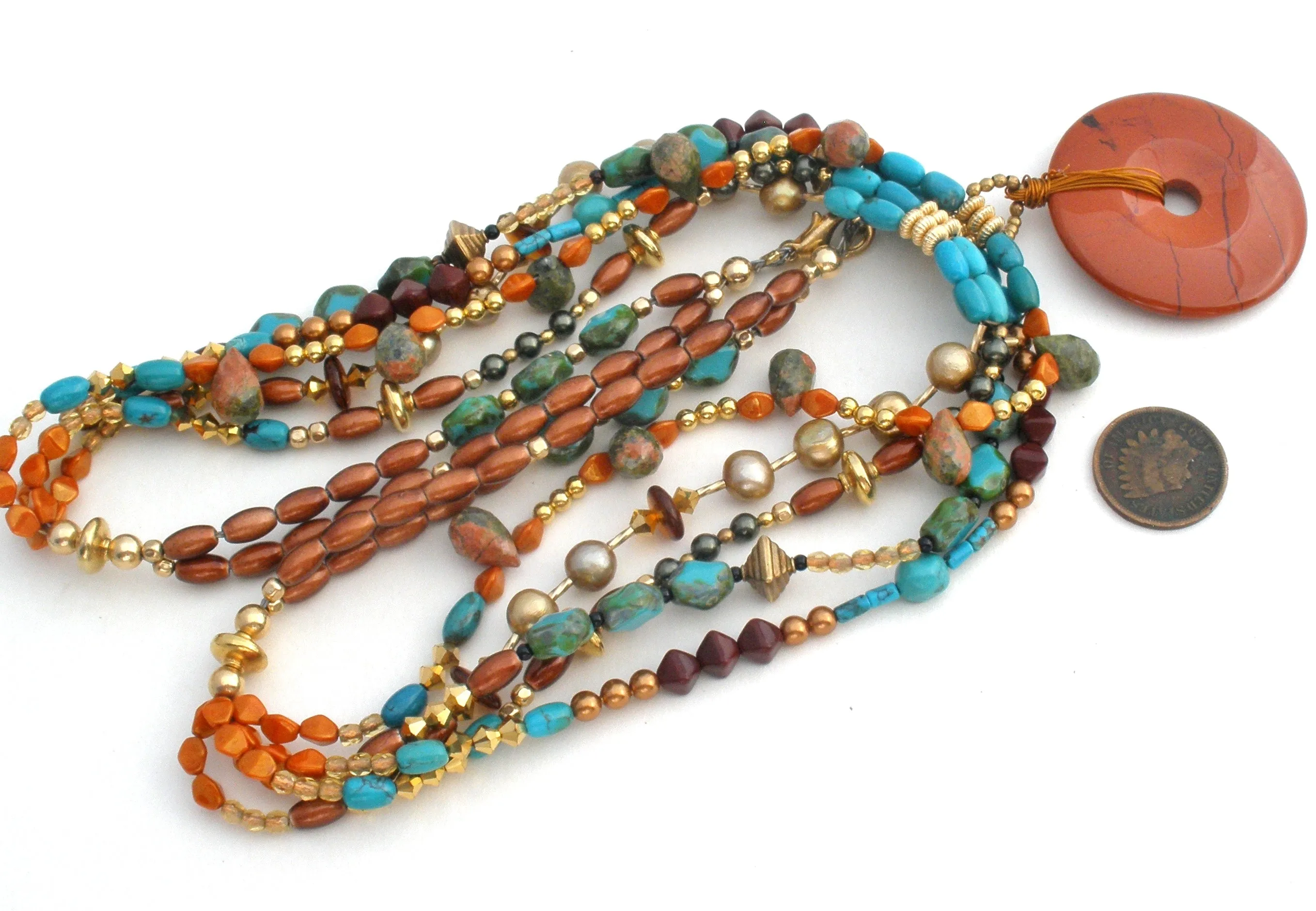 Turquoise Jasper Amber & Pearl Bead Donut Pendant Necklace