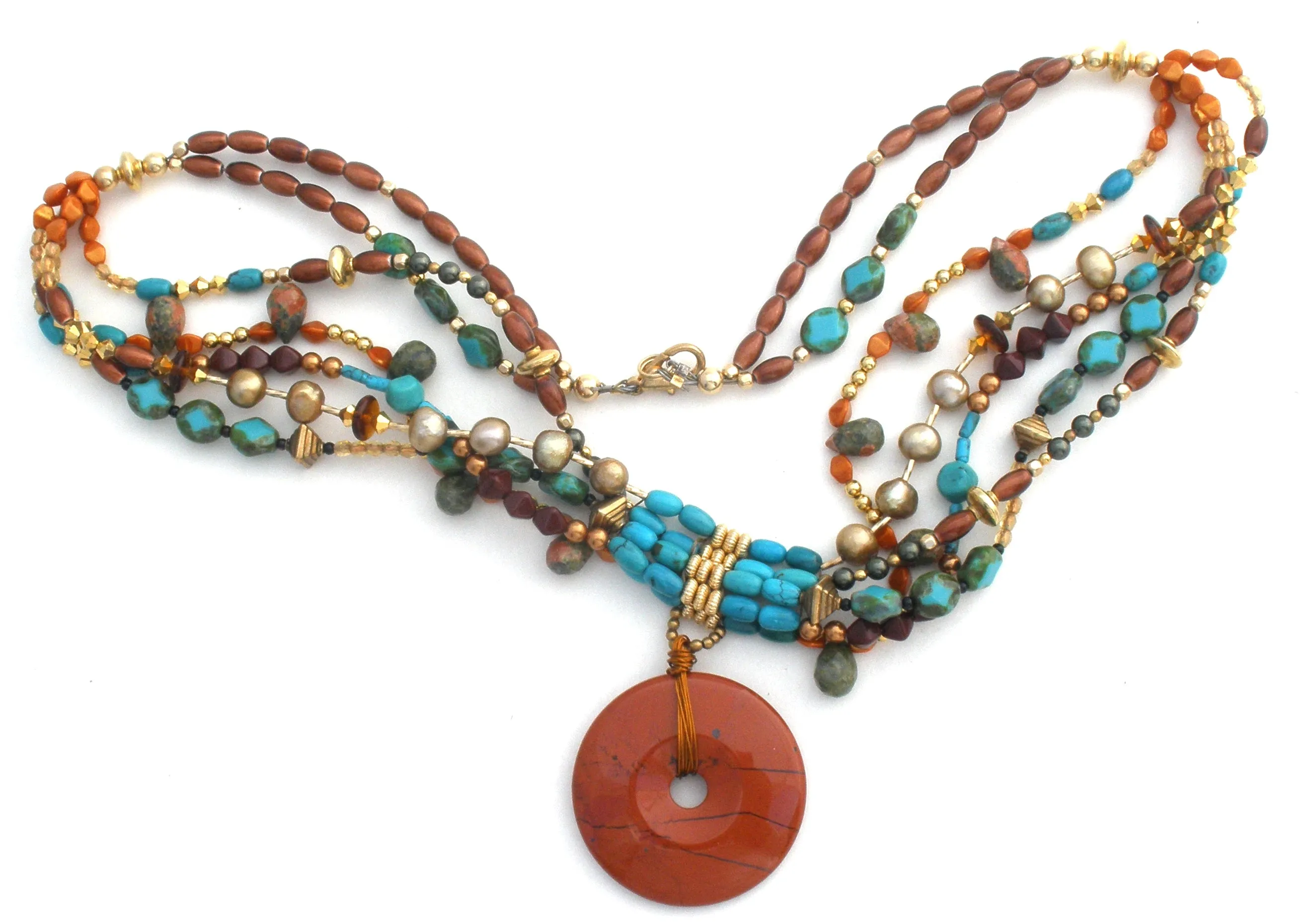 Turquoise Jasper Amber & Pearl Bead Donut Pendant Necklace