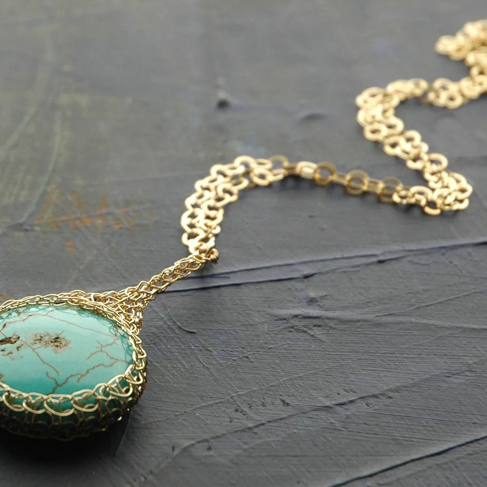 Turquoise pendant necklace wire crochet gold filled