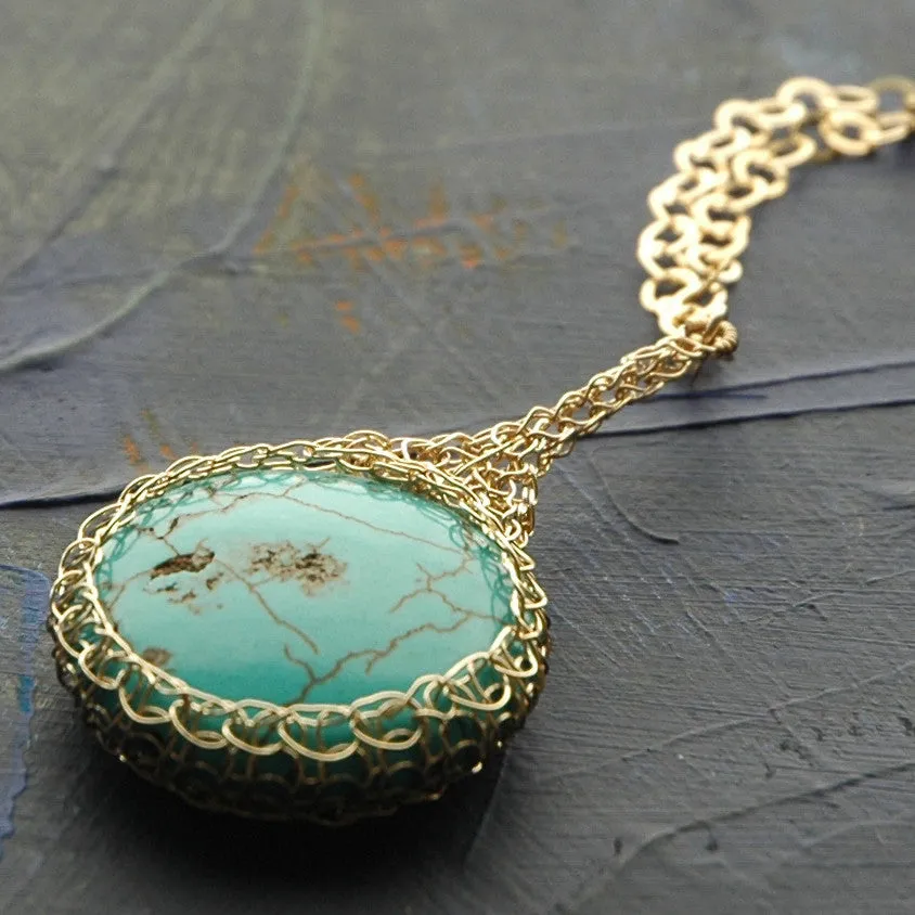 Turquoise pendant necklace wire crochet gold filled