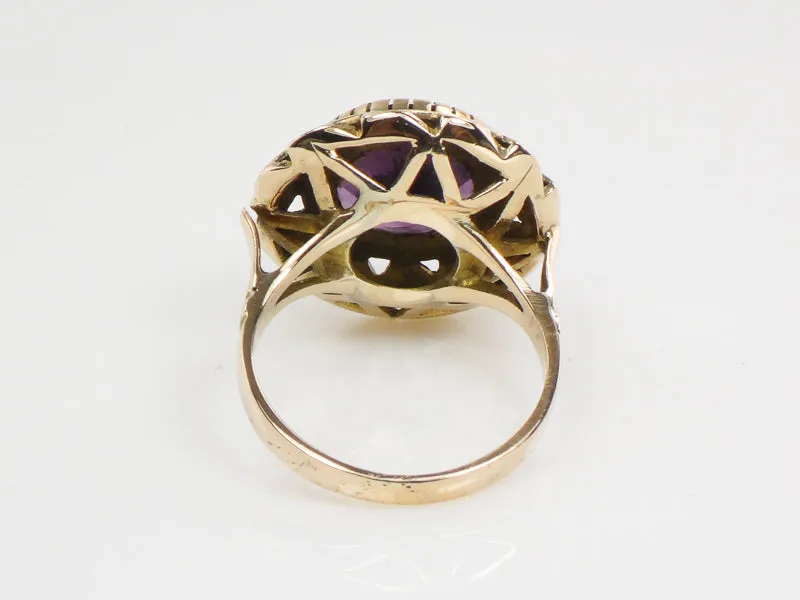 Vintage 14k Yellow Gold Round Purple Sapphire Ring with Floral Design