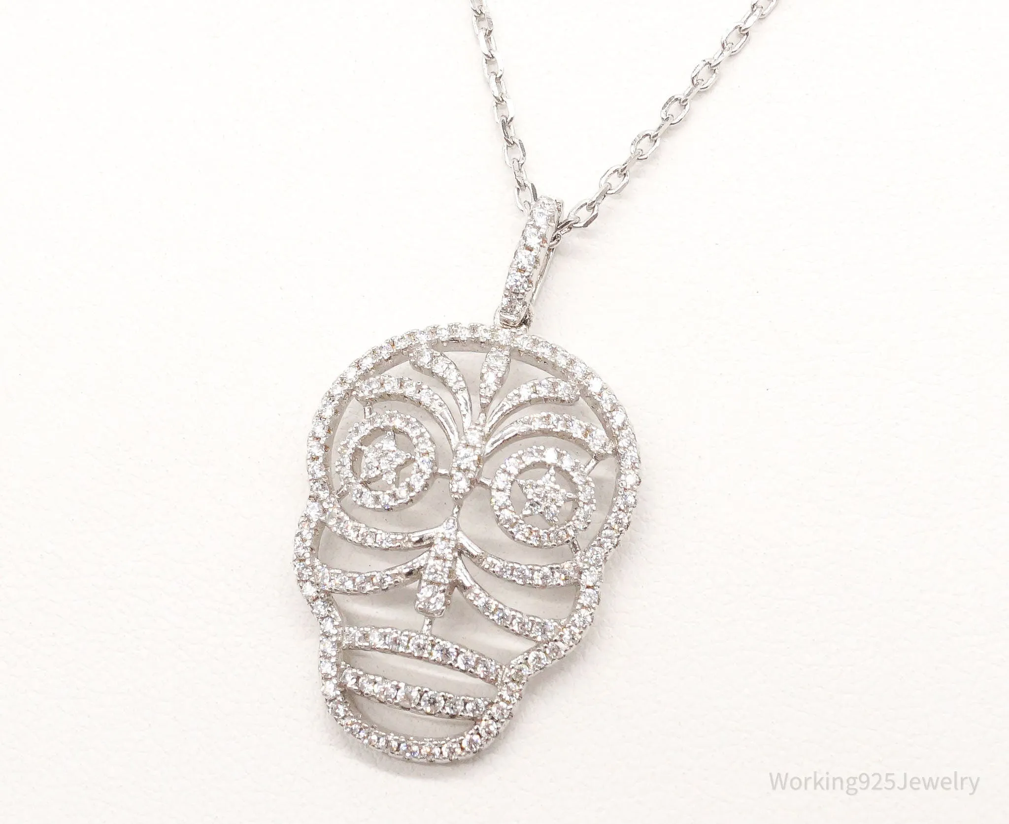 Vintage Cubic Zirconia Skull Sterling Silver Necklace