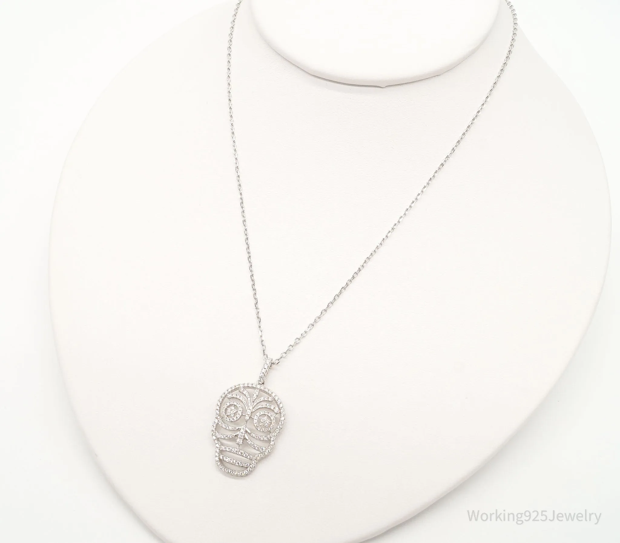 Vintage Cubic Zirconia Skull Sterling Silver Necklace