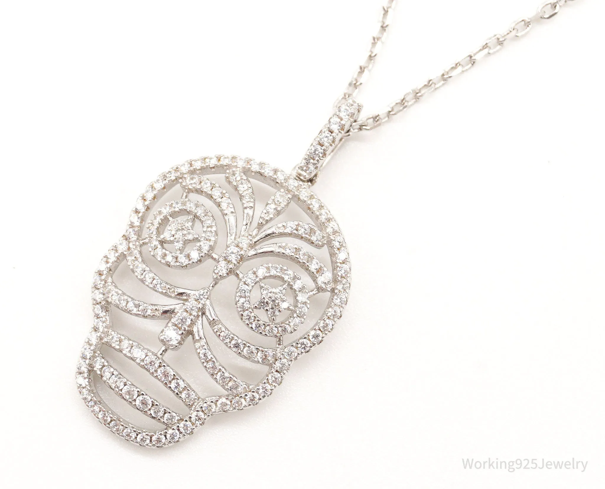 Vintage Cubic Zirconia Skull Sterling Silver Necklace