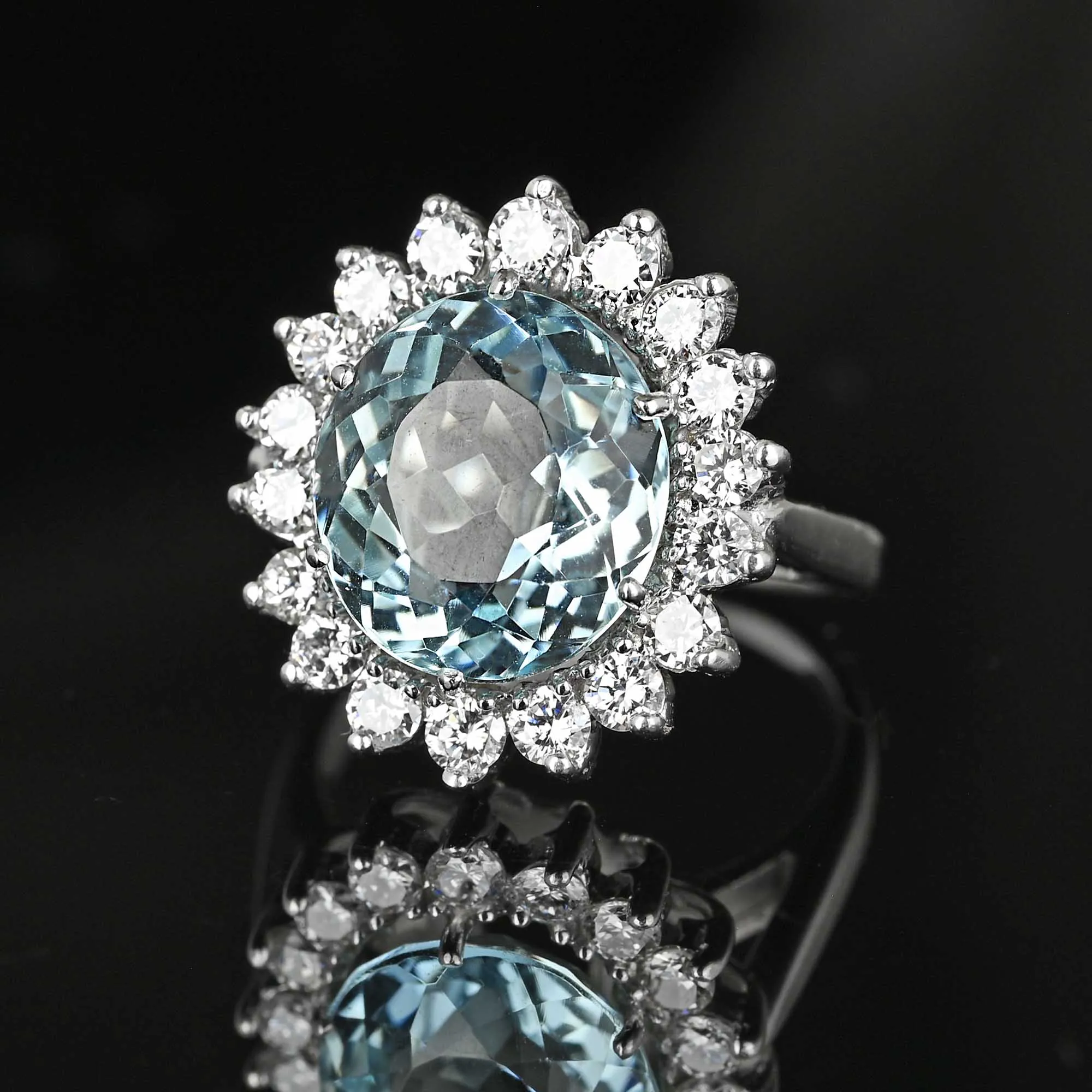 Vintage Diamond Cluster Halo 4.5 Carat Aquamarine Ring