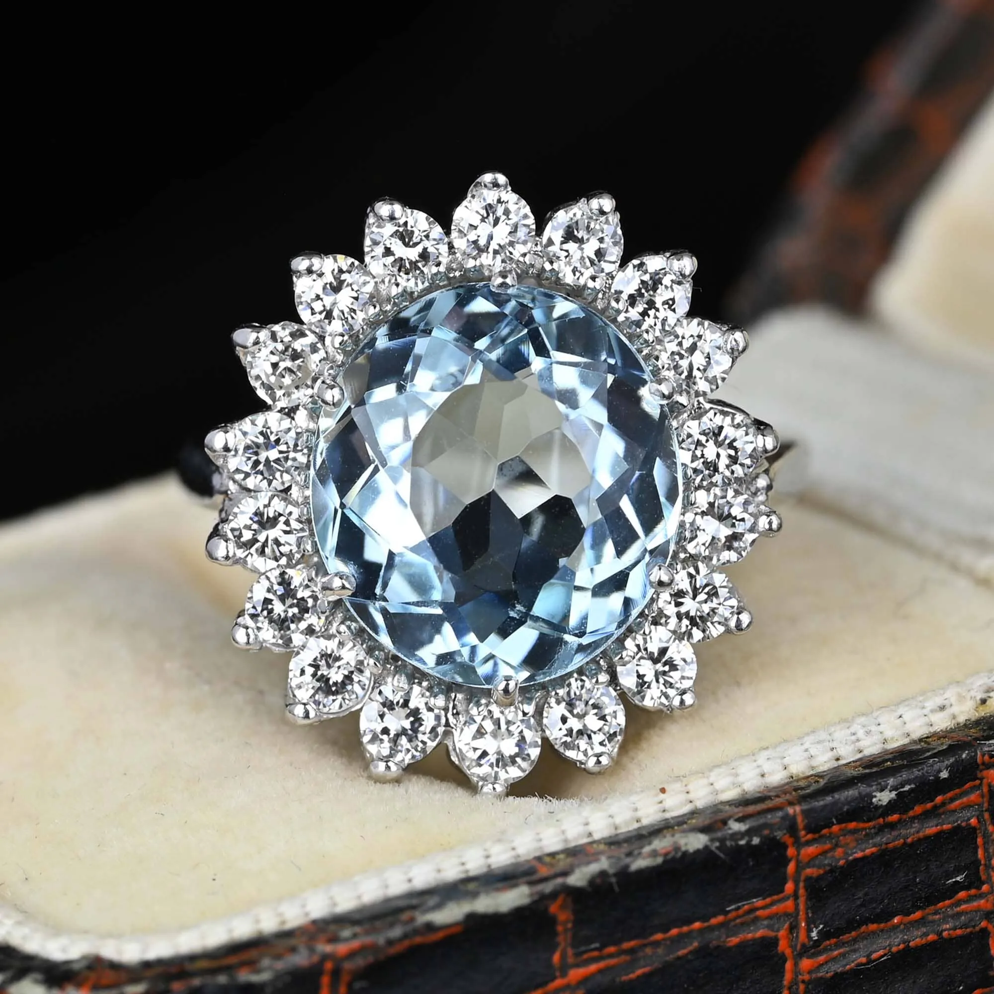 Vintage Diamond Cluster Halo 4.5 Carat Aquamarine Ring