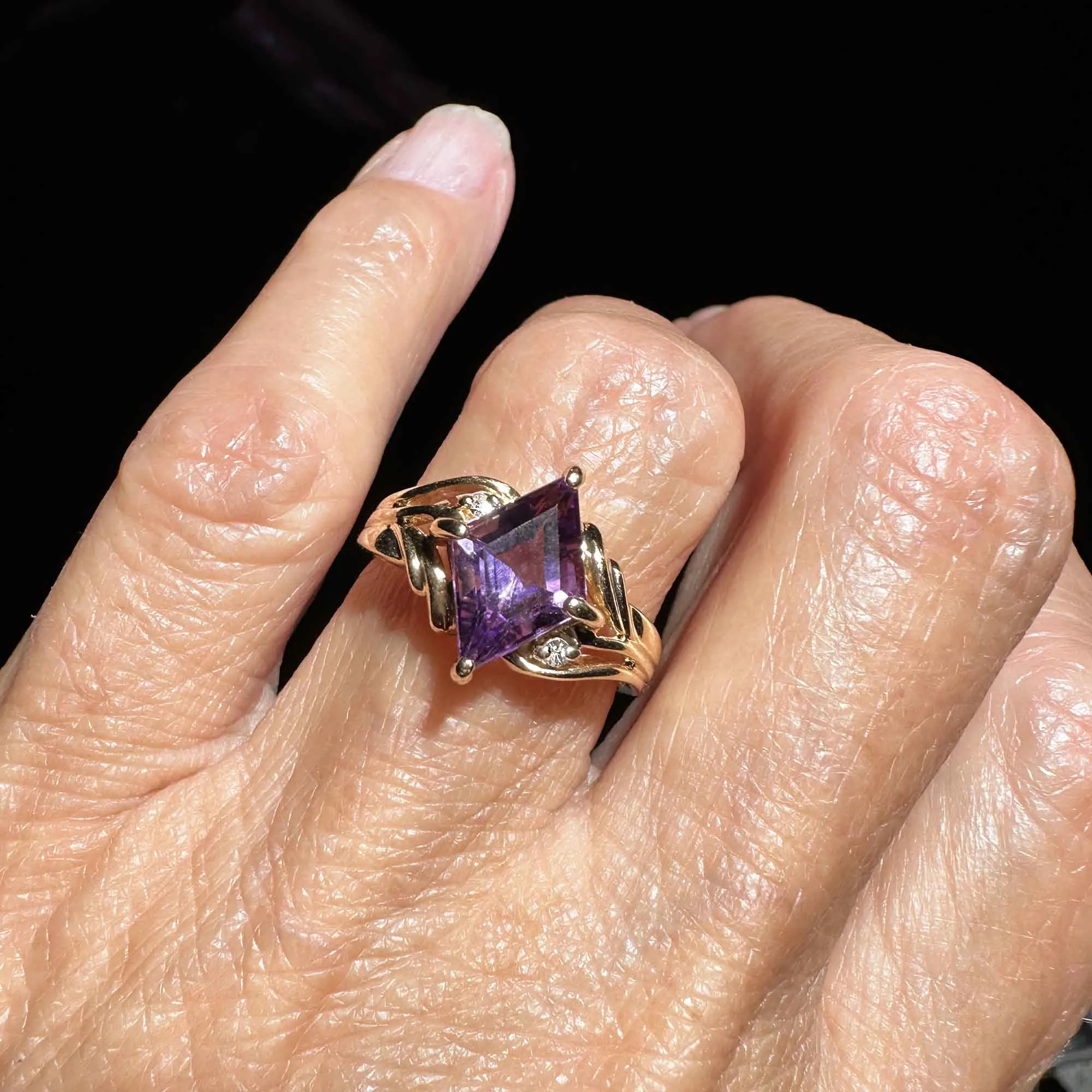 Vintage Gold Diamond Lozenge Cut Amethyst Cocktail Ring